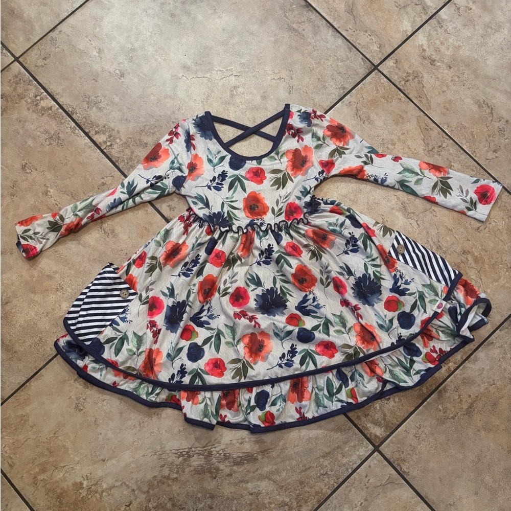 cheeky plum Floral Long-Sleeve Dress with Navy Trim and Striped Pockets